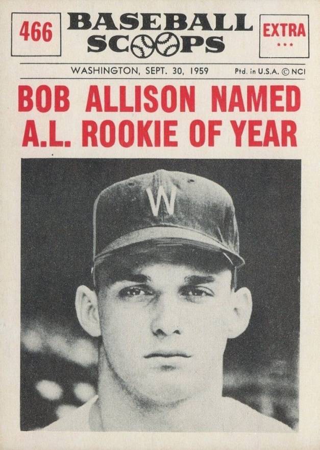 1961 Nu-Card Baseball Scoops Bob Allison Named A.L. Rookie of Year #466 Baseball Card