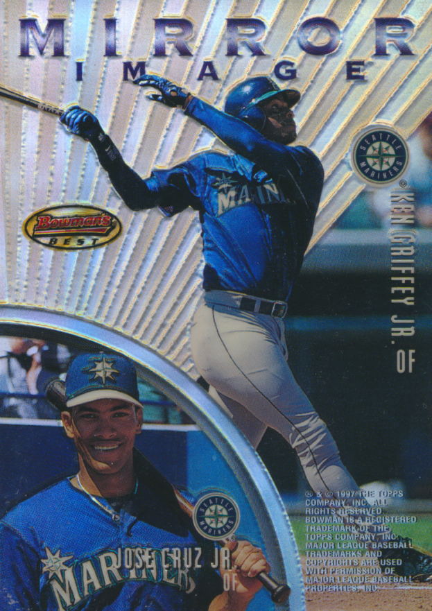 1997 Bowman's Best Mirror Image Andruw Jones/Barry Bonds/Jose Cruz Jr./Ken Griffey Jr. #MI5 Baseball Card