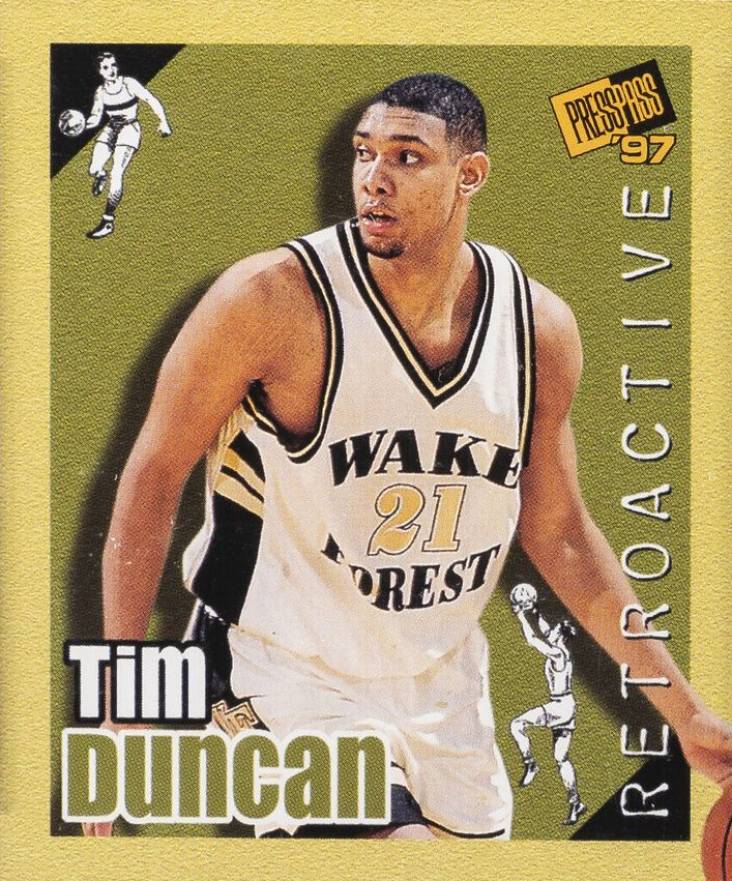 1997 Press Pass Double Threat Retroactive Tim Duncan #1 Basketball Card