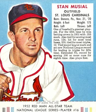 1952 Red Man Tobacco Stan Musial #16 Baseball Card