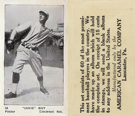 1927 American Caramel--Series of 60 "Jakie" May #56 Baseball Card